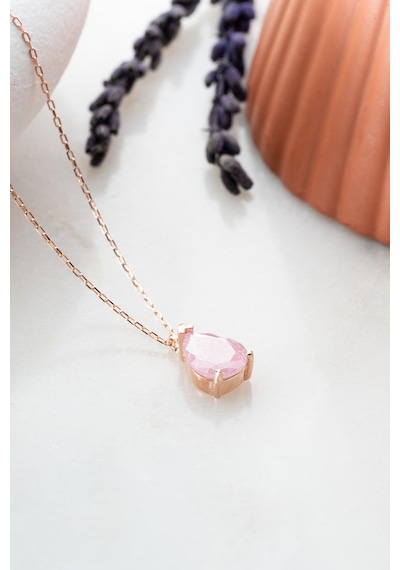 925 Ayar Gümüş Pembe Taşlı Damla Model Kolye Rose Gold