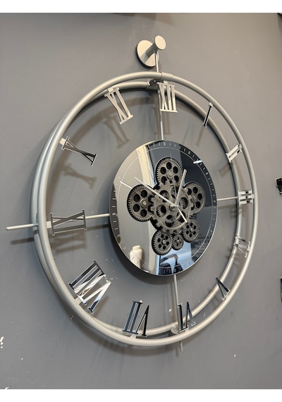 Metaquartz Aksesuar Premium Gümüş Dönence - Çarklar Dönmektedir - Metal Çarklı Duvar Saati Gümüş