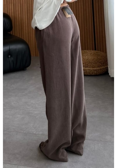 Feela Moda 2008 Bağcıklı Beli Lastikli Yıkamalı Modal Dokuma Palazzo Kadın Pantolon Kahverengi