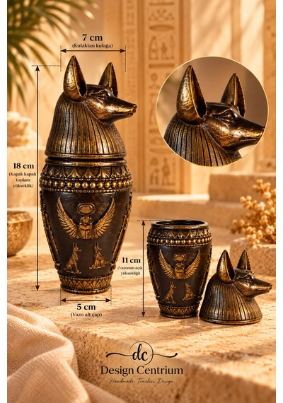 Anubis Antik Mısır Temalı Dekoratif Vazo El Yapımı Bronz Altın Görünümlü Biblo