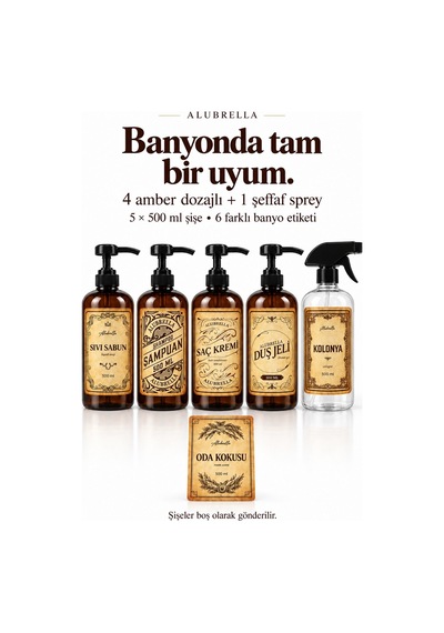 Alubrella 500 Ml 4 Amber Pompalı Ve 1 Şeffaf Sprey Boş Şişe Seti Ve Banyo Etiketleri