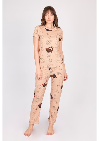Burcumay Kadın Kısa Kollu Ayıcıklı Çilekli Kahverengi Desenli Pijama Takımı Kahverengi