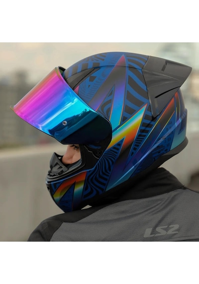 Şeffaf + Gökkuşağı Vizörlü + Yarış Spoiler + Ls2 Rapid 2 Optik Race Kapalı Motosiklet Kaskı Mavi - Mor