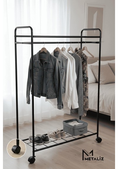 Metaliz Concept Tekerli Modern Metal Elbise Askılığı - Katlı Raflı Portatif Giysi Standı, Siyah