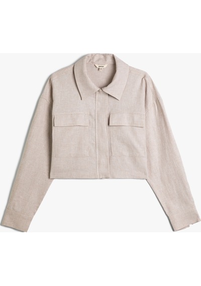 Koton Crop Ceket Kargo Cepli Keten Karışımlı Bej 4sak50001pw 4SAK50001PW063 Ekru