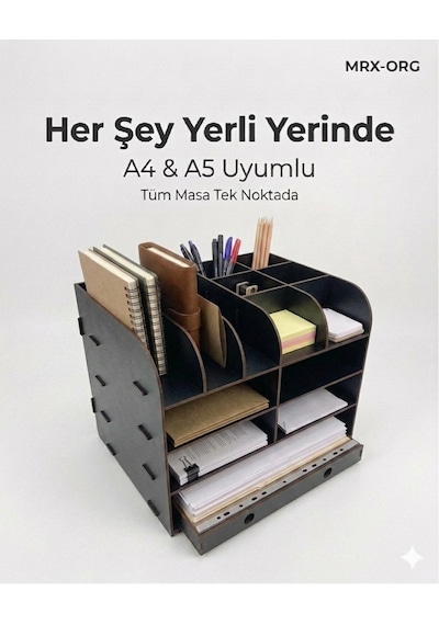 Mrx-org Desk 02 Masaüstü Organizer A4 & A5 Evraklık Kalemlik Çok Bölmeli Ahşap Masa Düzenleyici Siyah
