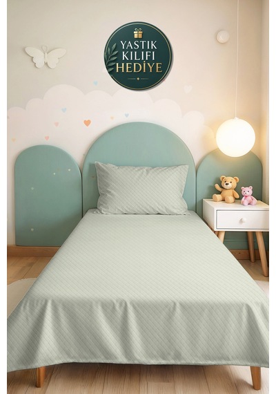Mint Minimal Genç Odası Tek Kişilik Pike Takımı - Kapitone Açık Yeşil 160x220 Cm Yatak Örtüsü Puslu Kahve Tonu