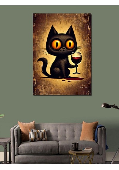 Kanvas Tablo Şarap Tutan Siyah Kedi 50cmx70cm