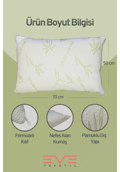 Eve Tekstil 2 Adet Bamboo Serisi Kılıflı Fermuarlı Yıkanabilir Antialerjik Silikon Elyaf Yastık 50x70cm 800 Gr Yeşil
