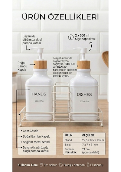 Makri Home Stantlı Bambu Kapaklı İkili Cam Sıvı Sabunluk & Deterjanlık Seti 2 500 Ml, 22,5 8,5 24 Cm Beyaz