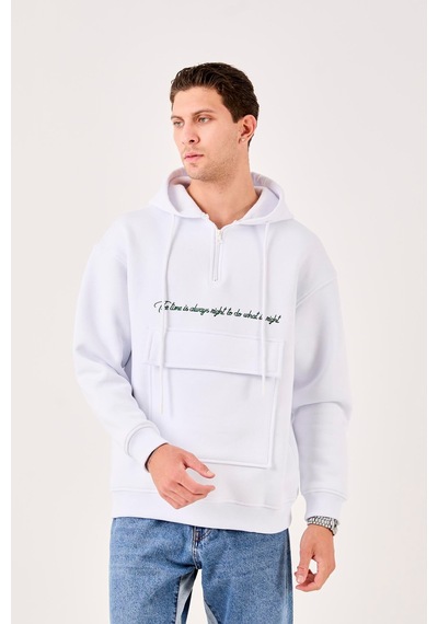 X-4005 Kapüşonlu Yarım Fermuarlı Sweat Beyaz