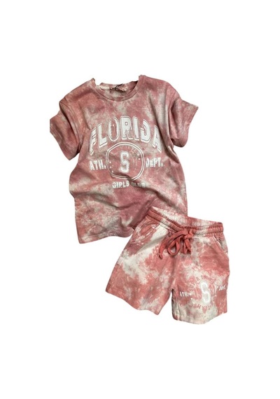 Riccotarz Kız Çocuk Florida Yazı Baskılı Penye T-shirt Pudra Şortlu Takım Pudra