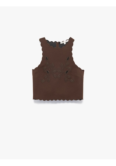 Koton Halter Yaka Kolsuz Nakış Detaylı Viskon Keten Karışımlı Crop Bluz Kahverengi 5sak30117ew Kahve