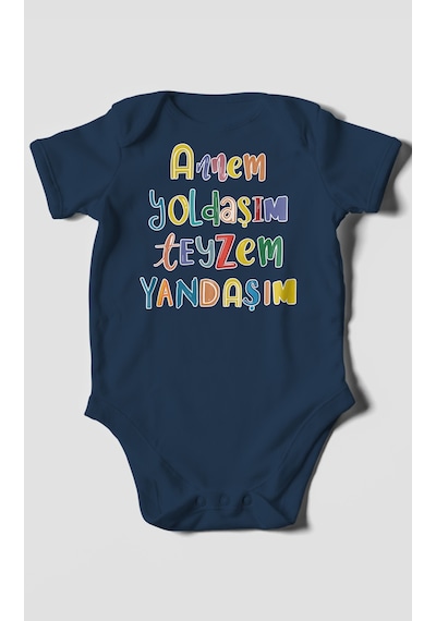 Annem Yoldaşım Teyzem Yandaşım Baskılı Bebek Zıbını Çıtçıtlı Body %100 Pamuk Kısa Kol Lacivert