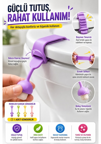 1 Adet Mantar Tasarımlı Klozet Kapağı Kaldırma Aparatı Silikon Hijyenik Tutacak Renkli 24 Cm Diğer