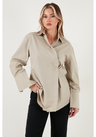 Lela Regular Fit Klasik Yaka Bağlamalı Uzun Kollu Bayan Gömlek 6834987 Bej