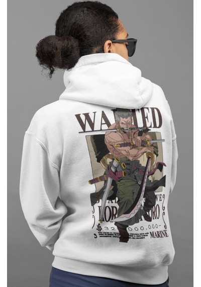 Sevbano Wanted Roronoa Zoro One Piece Anime Sırt Baskılı Unisex Oversize beyaz