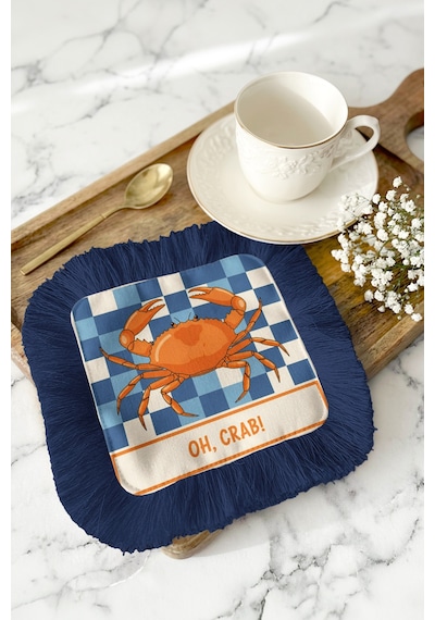 Retro Marin Stil Saçaklı Dekor Peçetesi - Deniz Kabuklu Coastal Lacivert Bardak Altlığı Mendil Grili Krem Bej