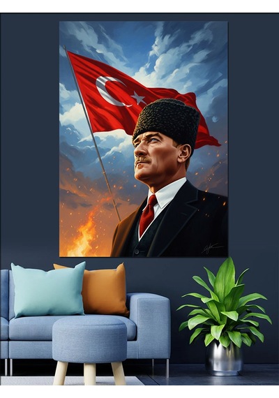 Bayraklı Ve Şık Mustafa Kemal Atatürk Dekoratif Kanvas - Mdf Ahşap Tablo