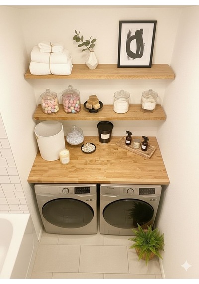Kumsal Concept %100 Masif Ahşap Çamaşır Makinesi Ve Kurutma Makinesi Üstü Ve Duvar Rafları 120x60cm