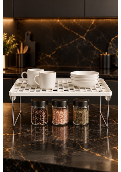 Katlanabilir Metal Ayaklı Dolap İçi Raf Yükseltici 36x22x16 Cm Mutfak Ve Banyo Düzenleyici Organizer Beyaz