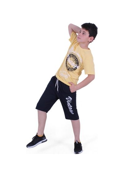 Fyk Kids Vintage Custom Yazı Baskılı Erkek Çocuk Yazlık Takım Sarı