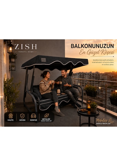 Altaleno 2 Kişilik 130 45 Cm Süngerli Bahçe Balkon Salıncak Minderi Yıkanabilir Kılıflı, Tenteli Keten Kumaş Tekstil Seti 24 Dns 8 Cm Orta Sert Sünger Antrasit