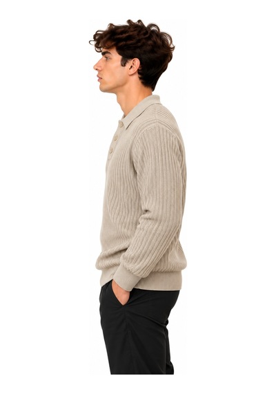 Erkek Polo Yaka Uzun Kollu Standart Fit Kalıp Kazak 27001 Ekru