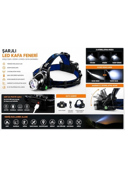 3'lü Şarjlı Led Fener Seti Usb Şarjlı El Feneri Kafa Lambası Kamp Lambası Güçlü Işık Acil Durum Outdoor Diğer