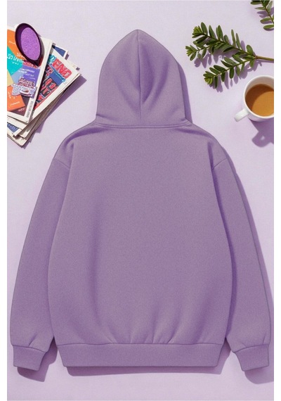 Uyguntarz Unisex Uyuyan Kedi Baskılı Kapüşonlu Sweatshirt Lila
