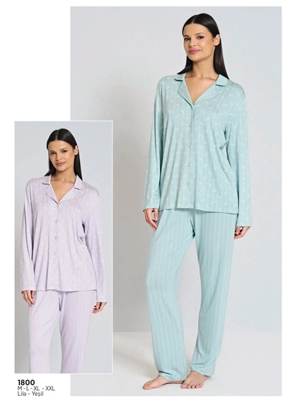 Pijadore 1800 Uzun Kol Düğmeli Kadın Pijama Takımı Yeşil