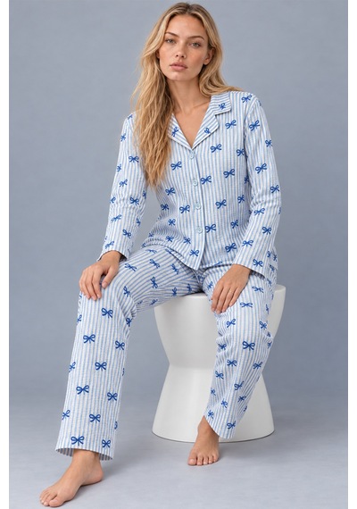 Kadın Gömlek Yaka Desenli Mavi Pijama Takımı 4816