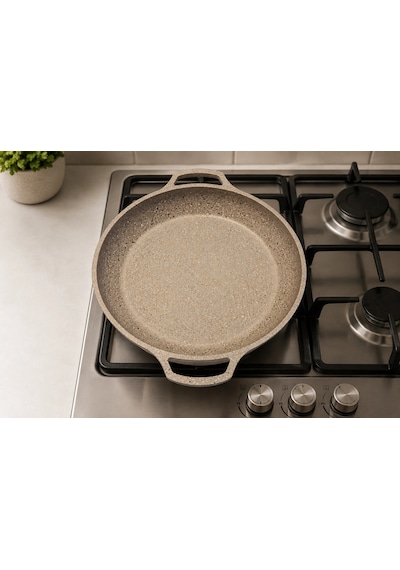 Hanımeli Granit Kaplamalı Döküm Tava 34cm Lüks Mutfak Çözümü Krem Çok Renkli