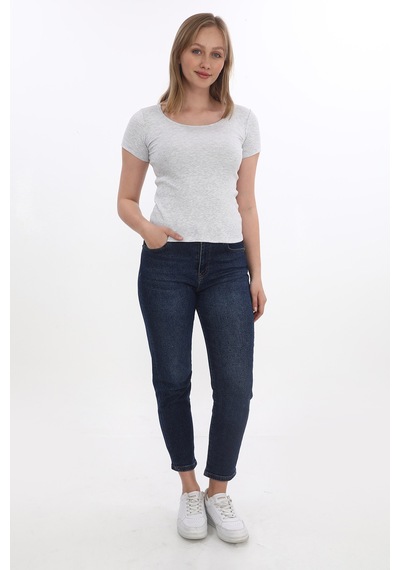 Monox Kadın Fitilli Likralı Pamuk Basic Tshirt Gri