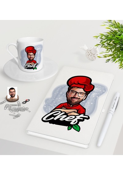 Kişiye Özel Erkek Chef Karikatürlü Beyaz Defter Kalem Türk Kahves N11.25678