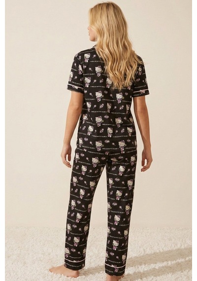 Siyah İnci Hello Kitty Lisanslı %100 Pamuk Pembe Çok Renkli Düğmeli Biyeli Pijama Takım 26120451 Siyah Pembe