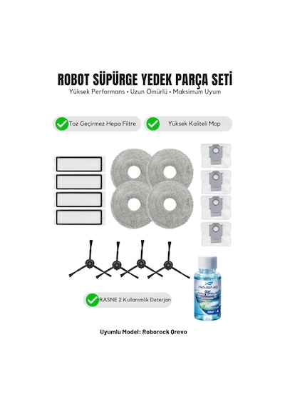 Roborock Qrevo İle Uyumlu 4 Siyah Yan Fırça 4 Filtre 4 Mop 1 Deterjan 4 Toz Torbası 6.0