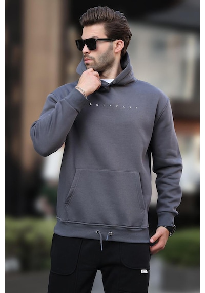 Madmext Füme Kapüşonlu Baskılı Erkek Sweatshirt 7077 Füme