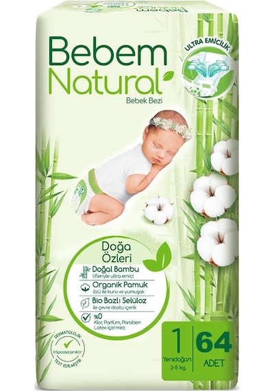 Bebem Natural Bebek Bezi 1 Numara 2 - 5 KG Yenidoğan Mega Fırsat Paketi 320 Adet 5'li
