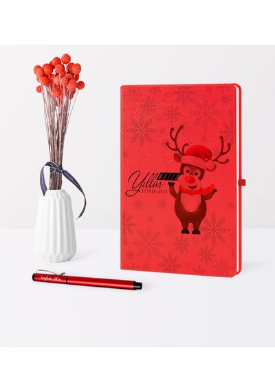 Kişiye Özel Yılbaşı Mutlu Yıllar Temalı Kırmızı Defter Kalem Seti - 11