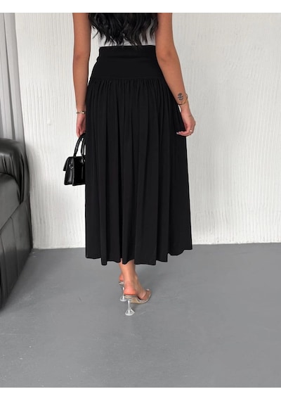 Wear Vexel Sandy Uzun Beli Lastikli Yüksel Bel Etek Yazlık - Siyah Çok Renkli