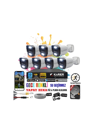 Exitcam 7 Kameralı Full Hd Ahd Güvenlik Seti 8 Kanal Dvr, 500 Gb Hdd, Renkli Gece Görüşü, Yüz Ve A