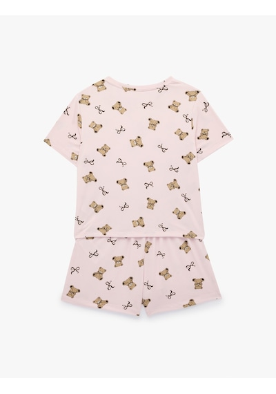 Koton Desenli Kısa Kollu Bisiklet Yaka Şortlu Pijama Takımı Bej Desenli 6slk40121mk Ekru