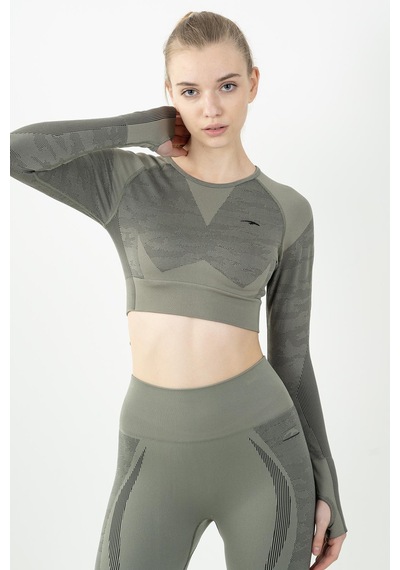 Maraton Active Slimfit Kadın Bisiklet Yaka Uzun Kol Fitness Açık Haki Crop Top 816013 Açık Haki