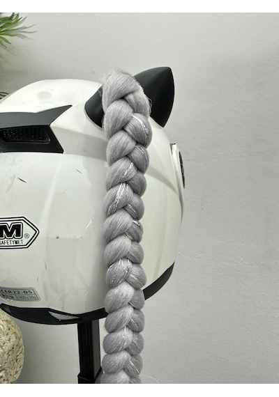 Motor & Motosiklet Gri Simli Çift Örgü Saç Ve Hologram Fiyonklu Kedi Kulak Set Kask Dış Aksesuarı Diğer