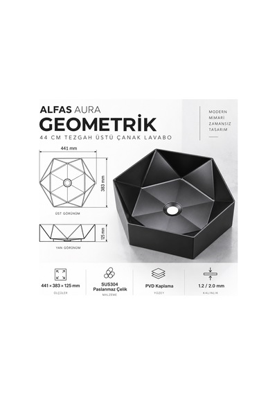 Alfas Aura Geometrik 44 Cm Pvd Mat Siyah Tezgah Üstü Çanak Lavabo Pvd 304 Paslanmaz Çelik