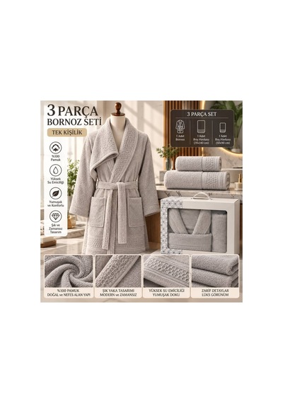 Slc Home 3 Parça Tek Kişilik Bornoz Seti %100 Pamuk Şık Tasarım 1 Bornoz , 1 Baş Havlusu , 1 Boy Havlusu  Desenli Gri - 939925867 Gri