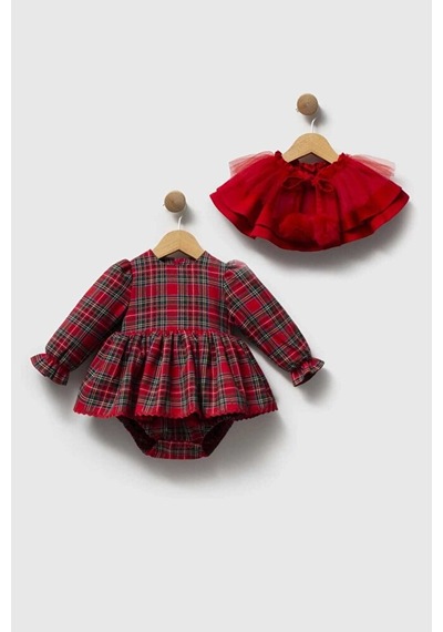 Ministok Eloise Çıkarılabilir Yakalı Ekose Desenli Alttan Çıtçıtlı Kız Beb Kırmızı