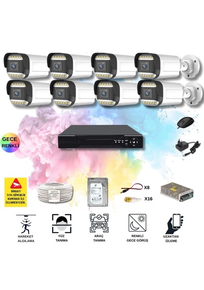 Qromax 8 Kameralı Set - Yapay Zeka Özellikli Gece Renkli Gösteren 5mp Sony Lensli 12 Warm Ledli Fullhd Güvenlik Kamerası Seti 312w-108