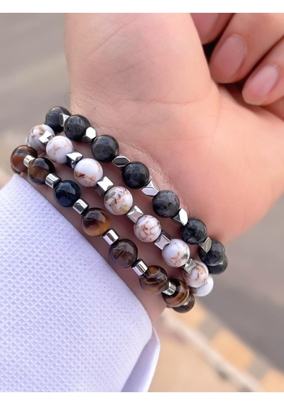 Nursaat 3 Lü Özel Tasarım Unisex Doğal Taş Bileklik Çakra, Turkuaz, Yeşim, Akik Ve Sitrin Taşları 04 Renkli